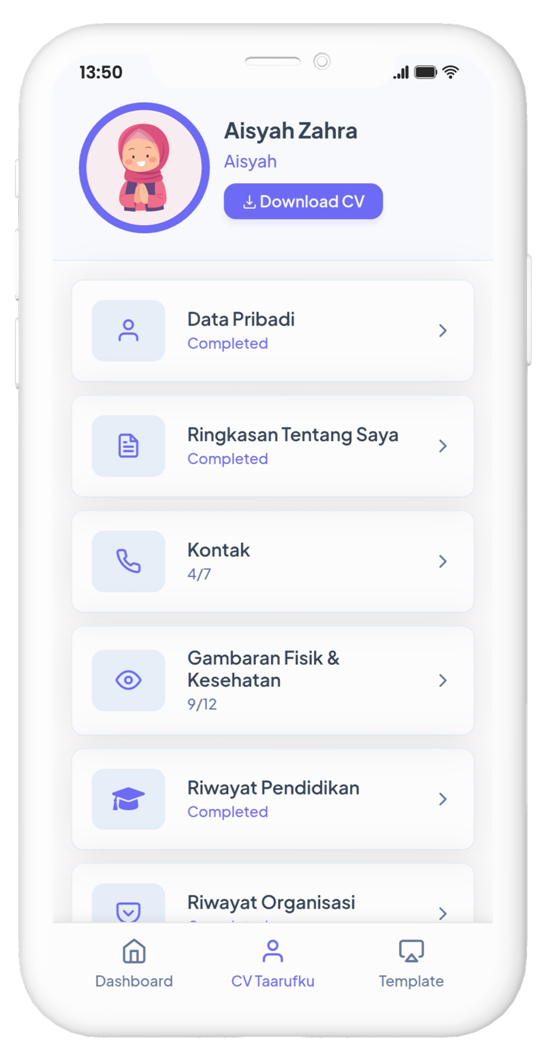Tampilan Aplikasi CV Ta'aruf pada smartphone
